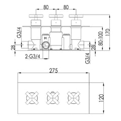 Black Thermostatic Concealed 2 Outlet Shower Valve, Horizontal  - Technical drawing 