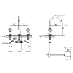 Victorain chrome bathroom sink tap - Technical drawing