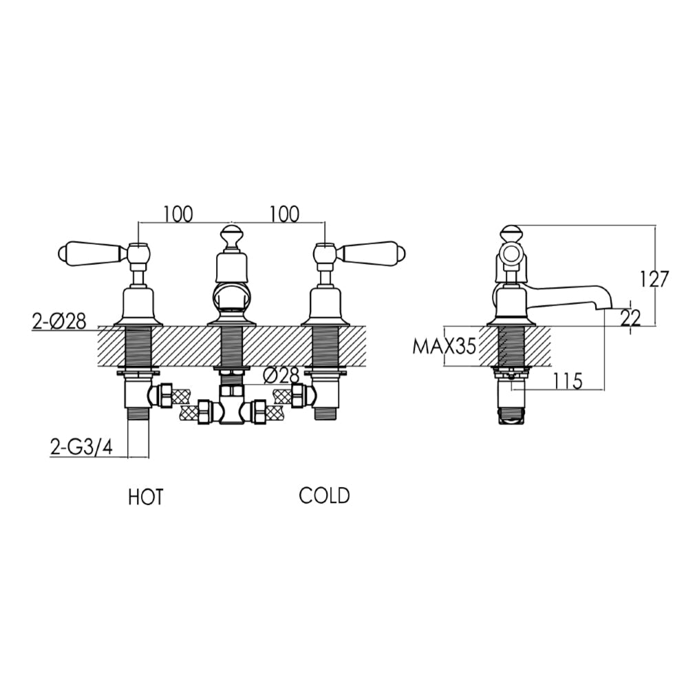 3 hole deck mounted bath taps