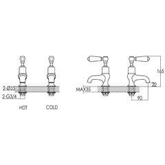 Victorian bath mixer tap - Technical drawing