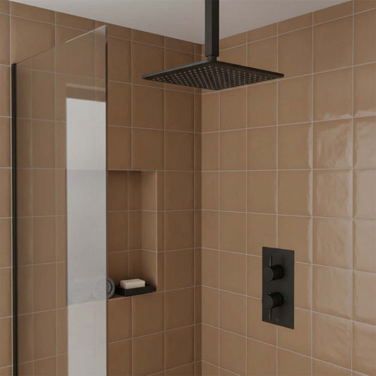 Black Rainfall Shower Head 250 & Square Shower Arm 150mm 1200