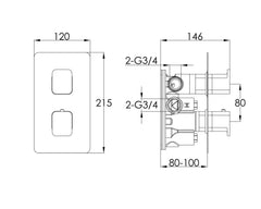 Square shower mixer valve -Technical drawing