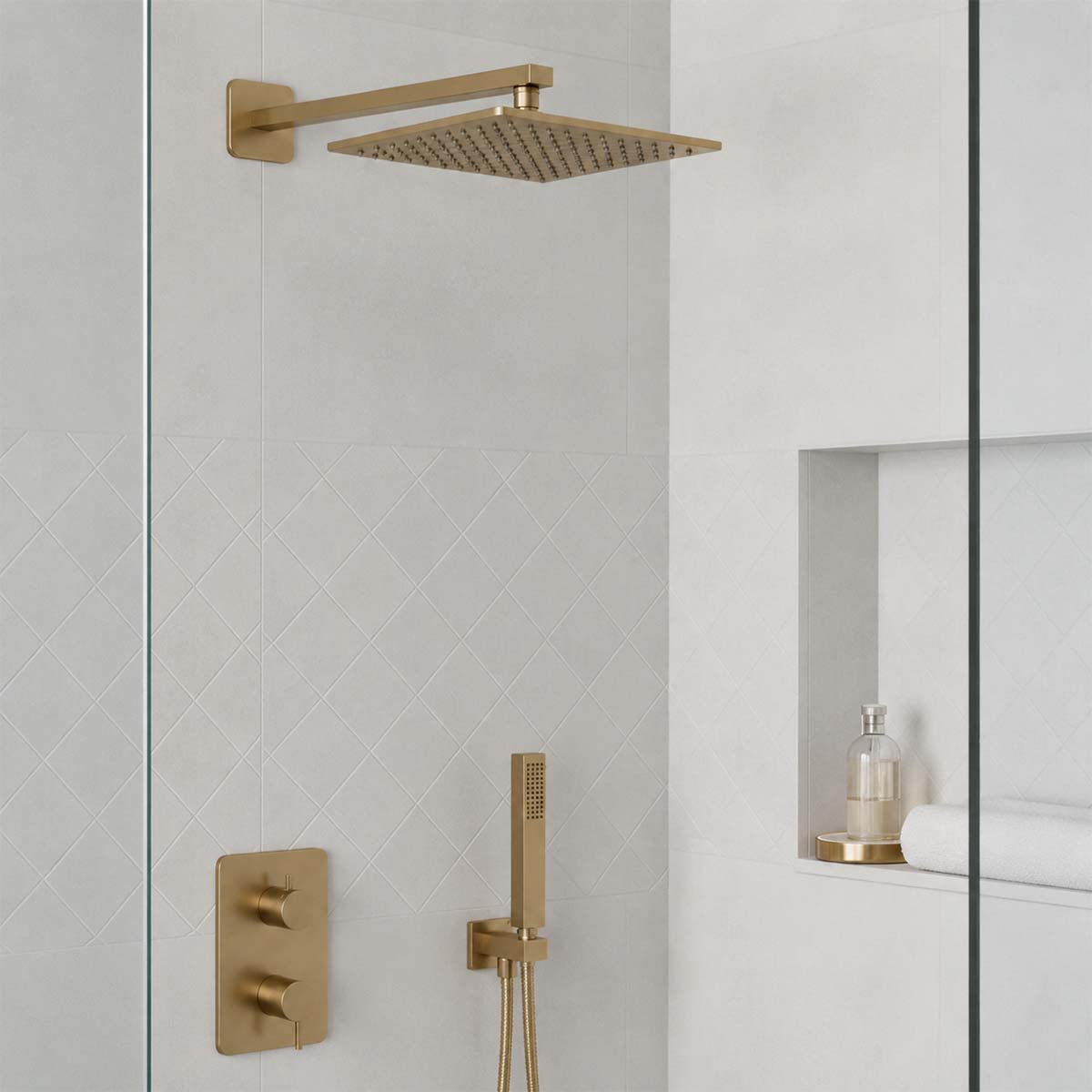 Brushed Gold Square Shower Head 250mm and Shower Arm - 400mm Ireland