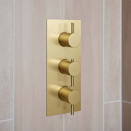 Brushed Brass 2 Outlet Concealed Thermostatic Shower Valve with 3 Handles 1200