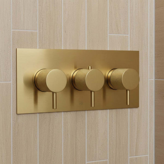 Brushed Brass 2 Outlet Thermostatic Concealed Shower Valve with 3 Knurled Handles 1200