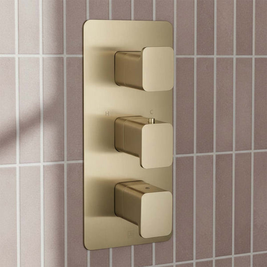  Brushed Brass 3 Outlet 3 Handles Concealed Thermostatic Shower Valve - Ireland 1200