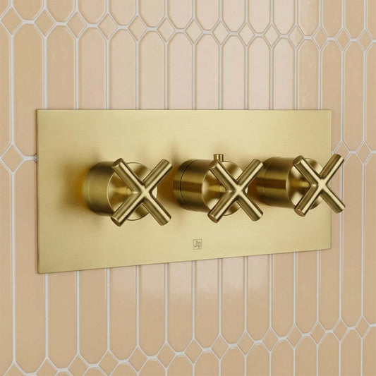 Brushed Brass Crosshead 3 Outlet Concealed Thermostatic Shower Valve 1200