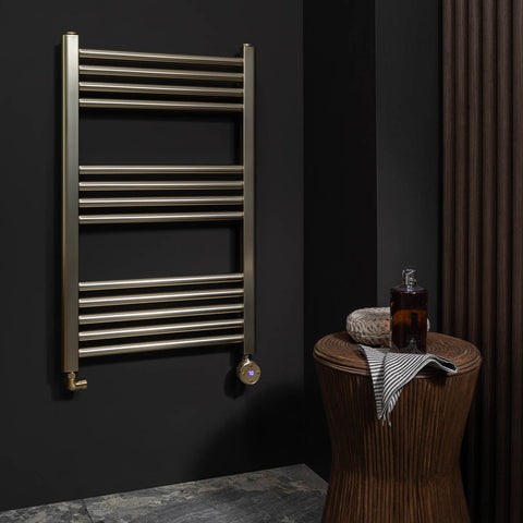 Brushed Brass Electric Towel Rail with Thermostat - 800mm x 400mm