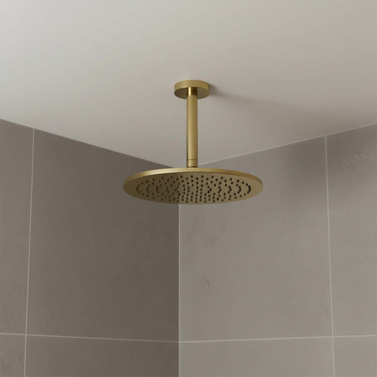 Brushed Brass Round Shower Head 200mm and Ceiling Shower Arm 150mm Set