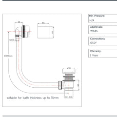 Square Exofil Click Clack Bath Waste with Overflow Filler technical details