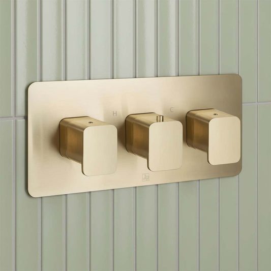 Brushed Brass Thermostatic Concealed 2 Outlet 3 Handles Shower Valve  1200