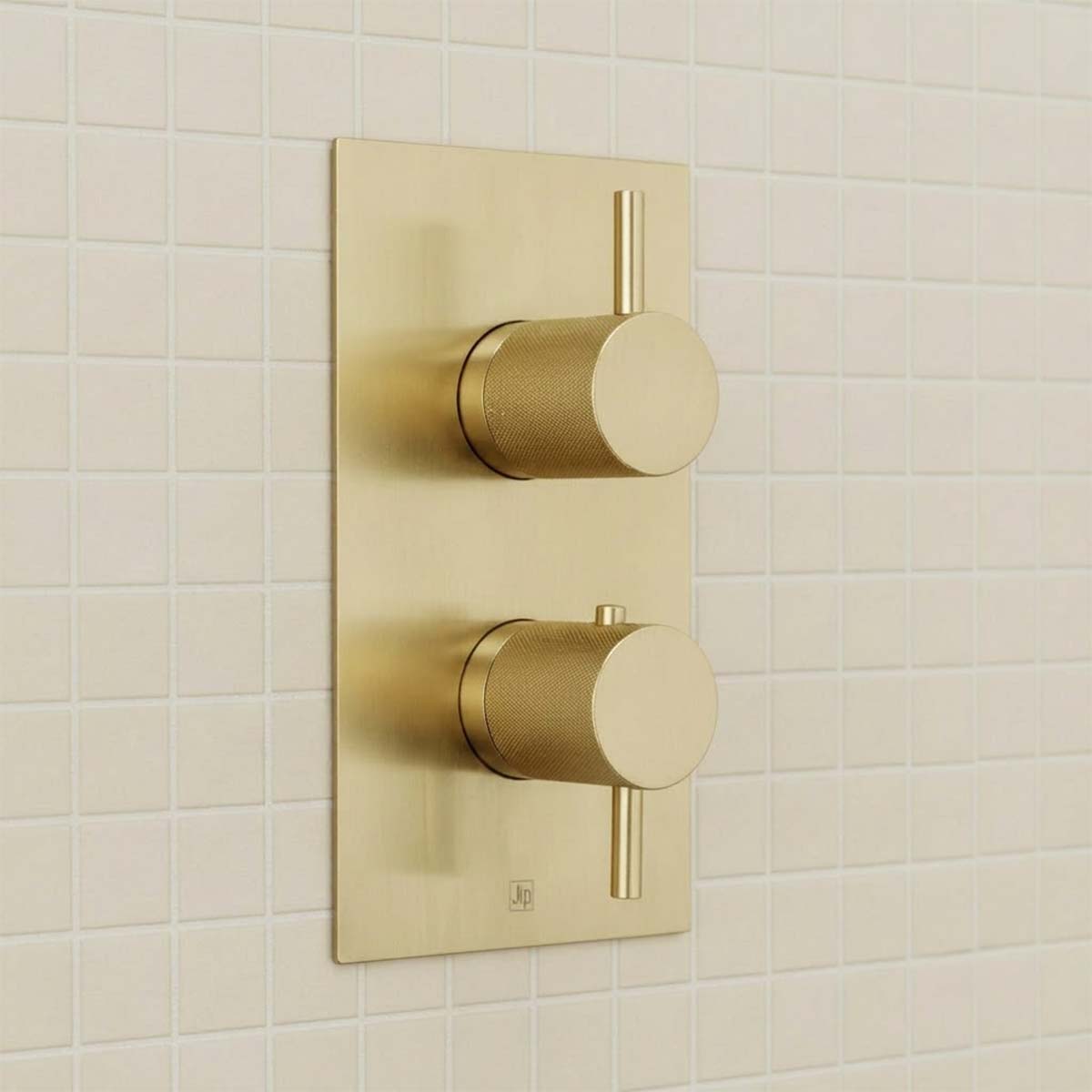 Brushed Brass Thermostatic Concealed 2 Outlet Shower Valve Knurled Handles - Ireland