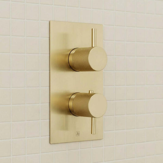 Brushed Brass Thermostatic Concealed 2 Outlet Shower Valve Knurled Handles - Ireland 1200