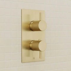 Brushed Brass Thermostatic Concealed 2 Outlet Shower Valve Knurled Handles - Ireland