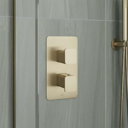 Brushed Brass Thermostatic Concealed 2 Outlet Shower Valve with 2 Square Handles - Ireland 1200