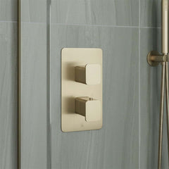 Brushed Brass Thermostatic Concealed 2 Outlet Shower Valve with 2 Square Handles - Ireland