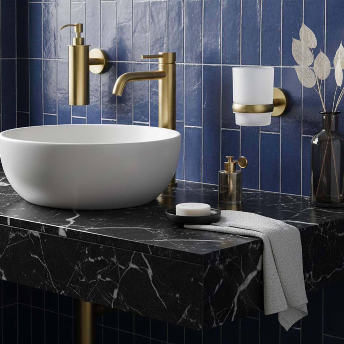 Brushed Brass Wall Mounted Soap Dispenser and Tumbler Holder