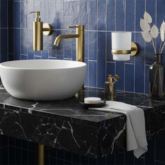Brushed Brass Wall Mounted Soap Dispenser and Tumbler Holder
