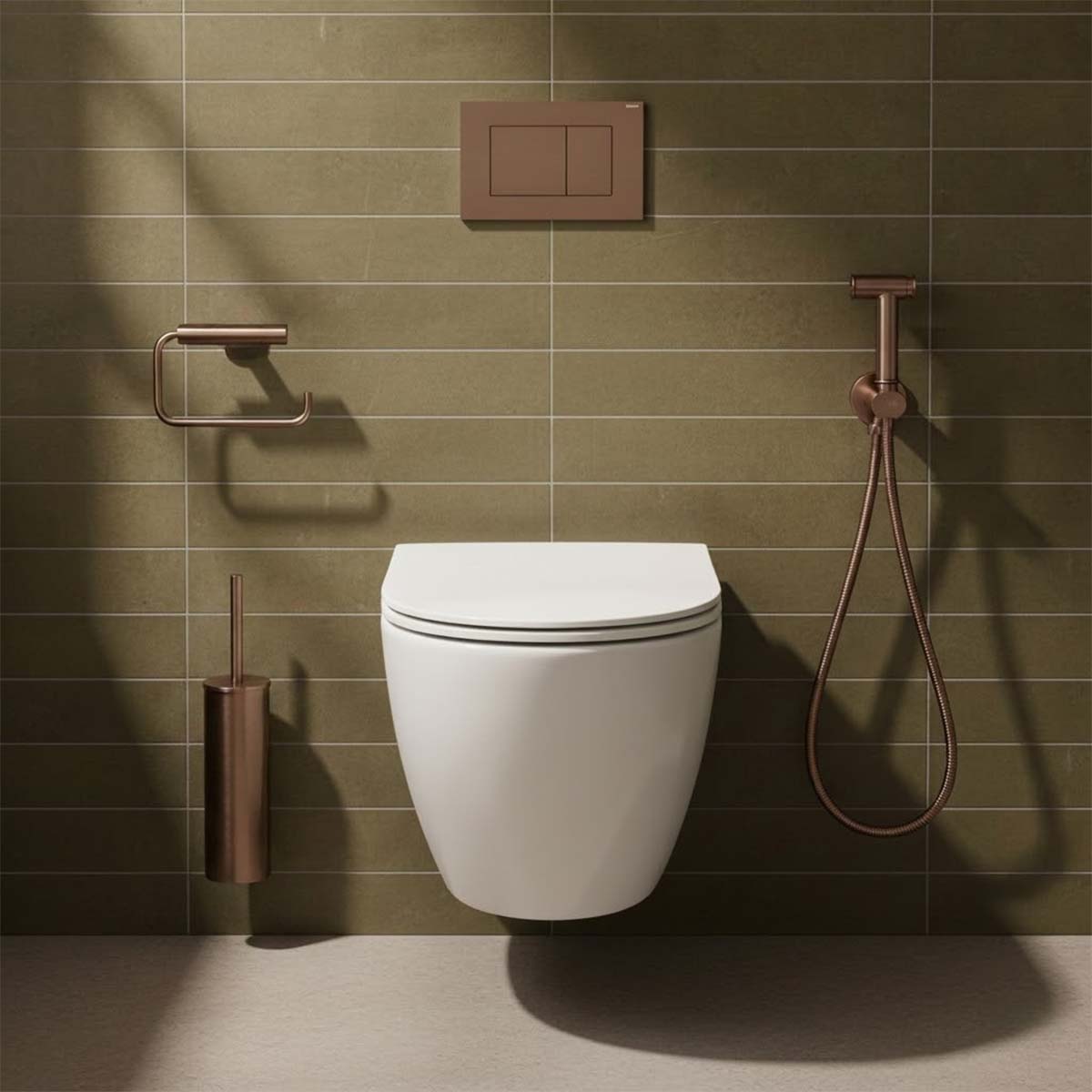 Brushed Bronze Toilet Roll Holder, Toilet Brush Holder & Douche Kit with Safety Valve