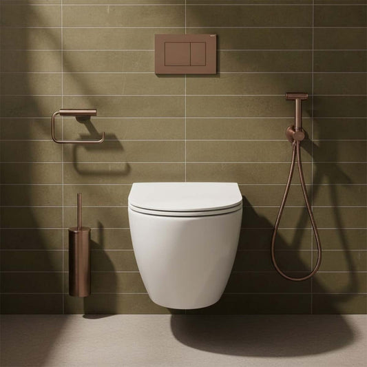 Brushed Bronze Toilet Roll Holder, Toilet Brush Holder & Douche Kit with Safety Valve 1200