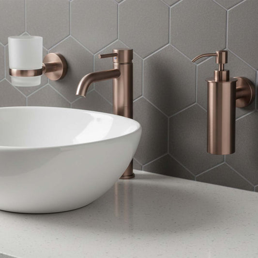 Wall Mounted Soap Dispenser and Toothbrush Tumbler Holder Set Brushed Bronze  1200