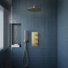 Brushed brass 2 outlet concealed thermostatic shower set with shower handset and shower head
