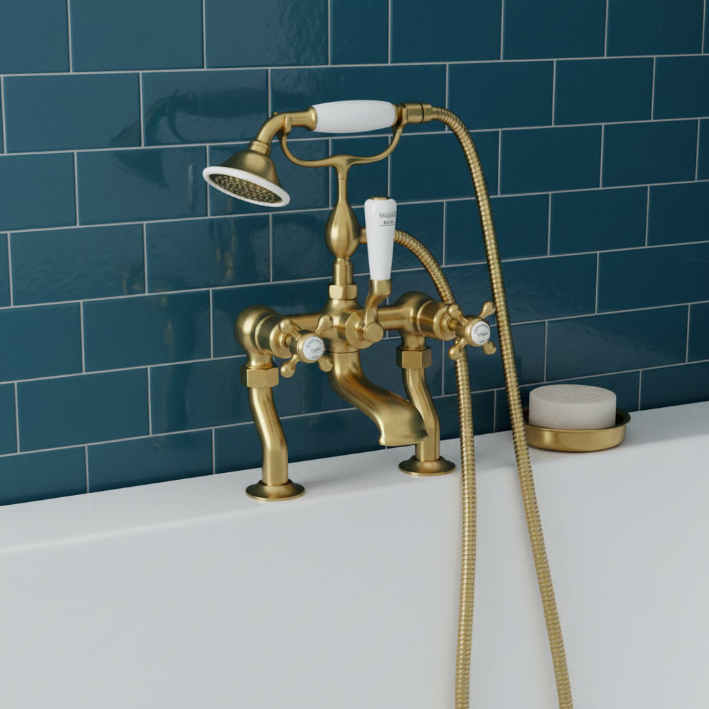 Brushed brass deck-mounted bath shower mixer