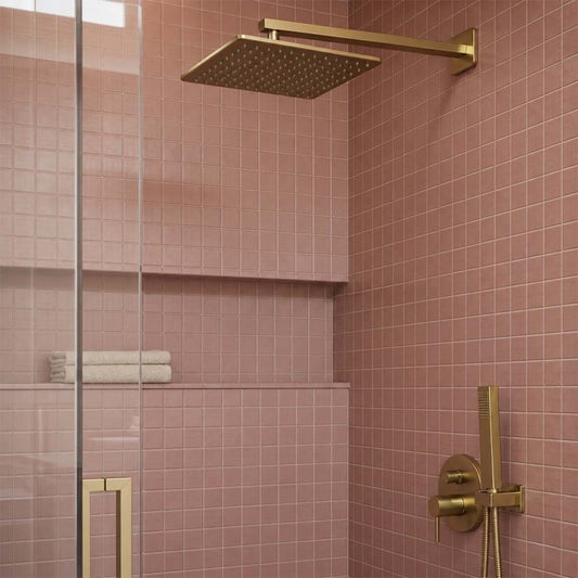 Brushed brass fixed ceiling mounted shower arm and shower head 1200