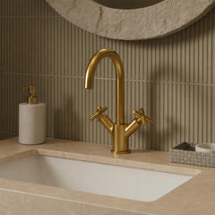 Brushed brass twin crosshead handle sink tap 