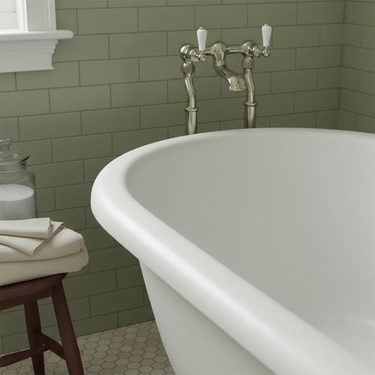 Brushed nickel floorstanding bath tap with white lever handles  1200
