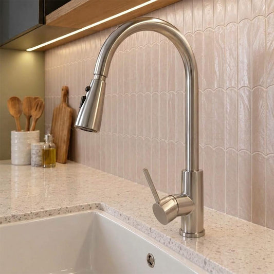 Brushed stainless steel kitchen tap with pull out spray 1200
