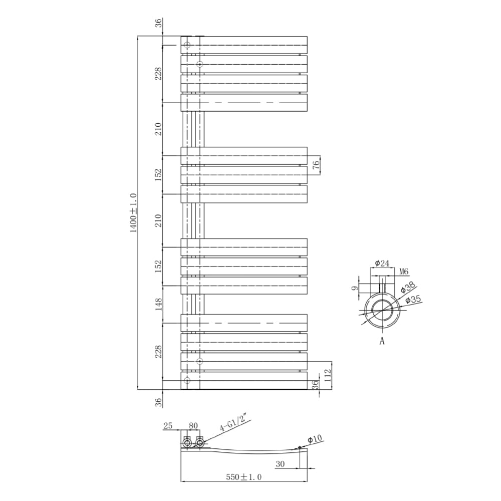 CLEO Stainless Steel Open-Side Heated Towel Rail Radiator Technical Drawing