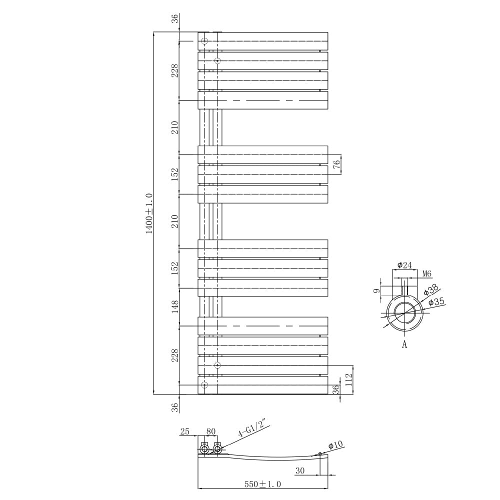 Black Steel Heated Towel Rail Dimensions -Tapron