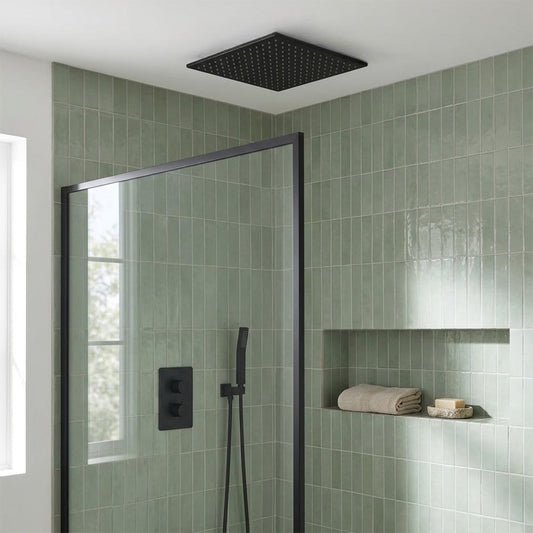 Ceiling mounted black square rain shower head 1200