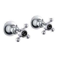 Chester Black Crosshead Wall Mounted Valves. These cross valves come in a pair – one for hot water another for cold water.