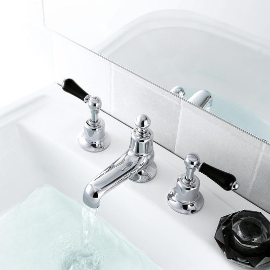Chester Black Lever 3 Hole Deck Mounted Basin Mixer. Designed with tradition in mind, this three-part tap has a central spout to deliver water at the perfect temperature due to the thermostatic controls. 1800