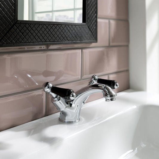 Black Twin Lever Basin Mixer Taps With Pop-up Waste and Internal Aerator to Dispense Temperature Evenly with Ceramic Disc Cartridges in Chrome, MP 0.2 1800
