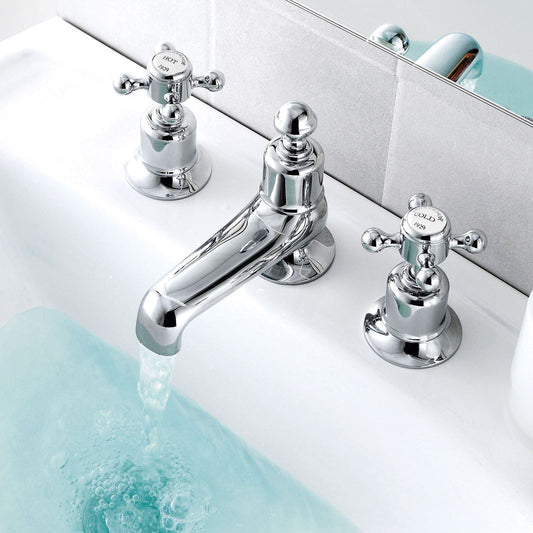 Chrome Chester Crosshead 3-Hole Long Nose Basin Mixer, use crossheads sitting on either side of its spout, you will be able to easily control the water flow and temperature of your new mixer 1066