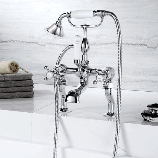 The Chester deck mounted bath mixer with shower handset provides a shower handset and connecting hose, while the flared spout is an angled drop 1066