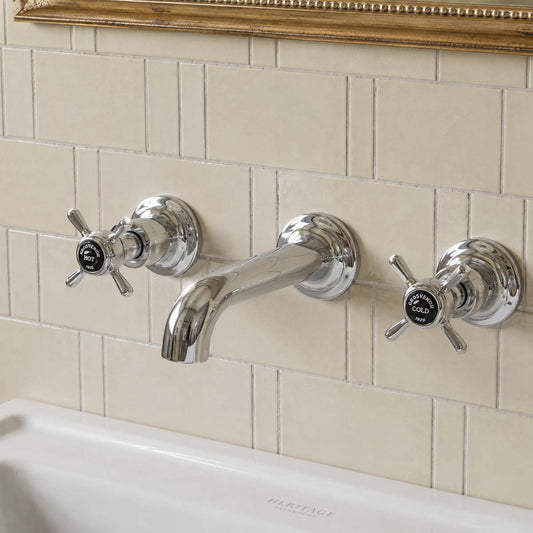 Chrome 3 hole basin mixer with pinch handles - wall mounted  1200