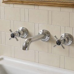 Chrome 3 hole basin mixer with pinch handles - wall mounted 