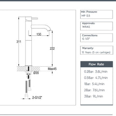 Chrome Tall Basin Mixer Tap Deck Mounted technical details 