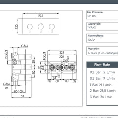Concealed Thermostatic 2 Outlet 3 Handles Bath and Shower Valve Horizontal 
