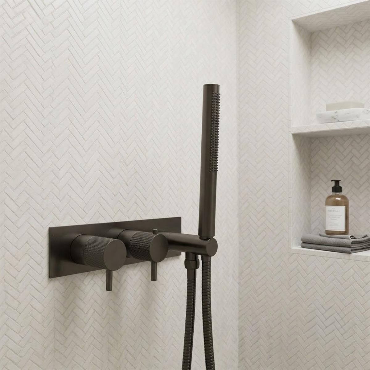 Concealed Thermostatic 2 Outlet Shower Valve & Handset Brushed Black