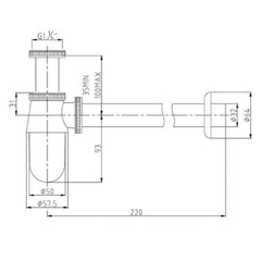 Basin bottle trap - Technical drawing