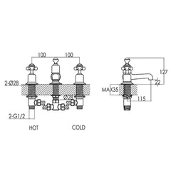 Nickel old fashioned sink tap - Technical drawing