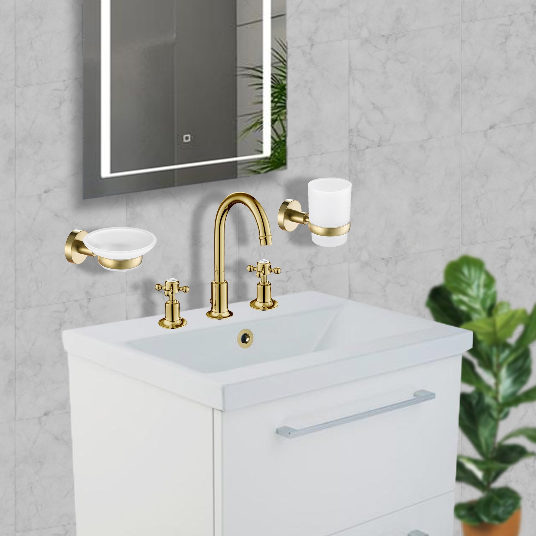 Antique Chester Cross 3 Hole Basin Gold Tap for Bathroom constructed using Brass with Brushed Brass finish, LP 0.2