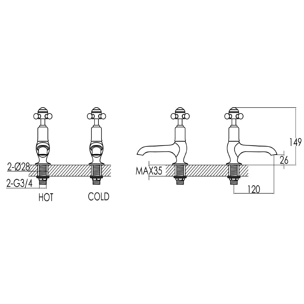 Crosshead Basin Long Pillars Taps - Nickel technical drawing