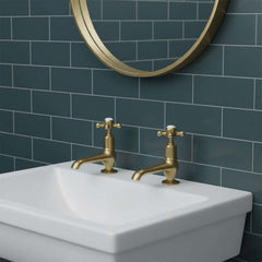 Deck-Mounted Brushed Brass Long-Nose Crosshead Basin Pillar Taps