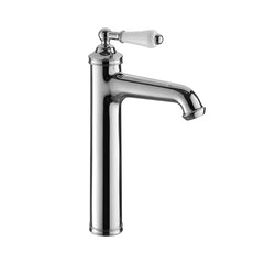 Deck Mounted Traditional Tall Basin Tap with White Ceramic Lever - Chrome
